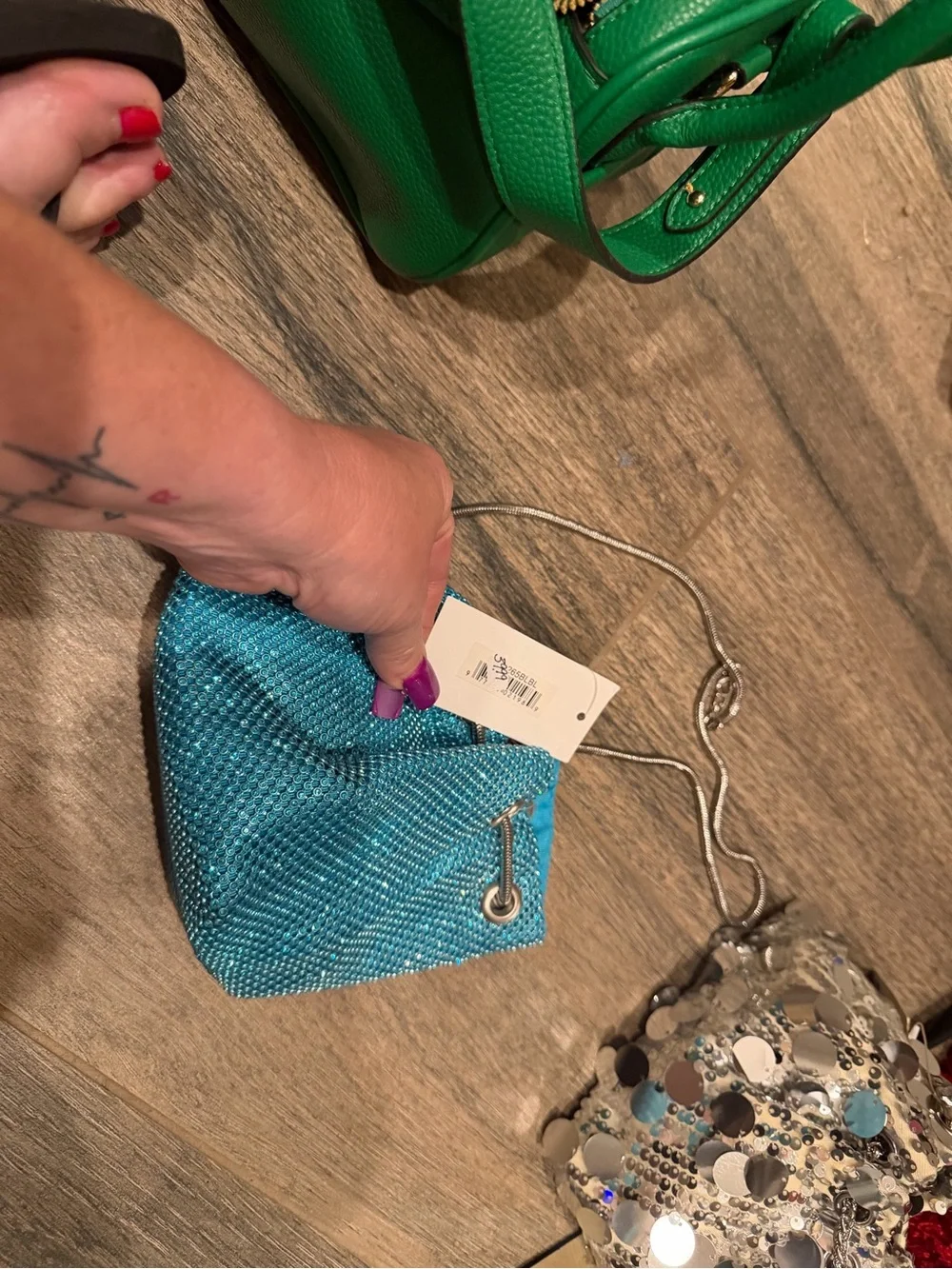 Turquoise Crystal Mesh Wristlet Clutch with Silver Strap